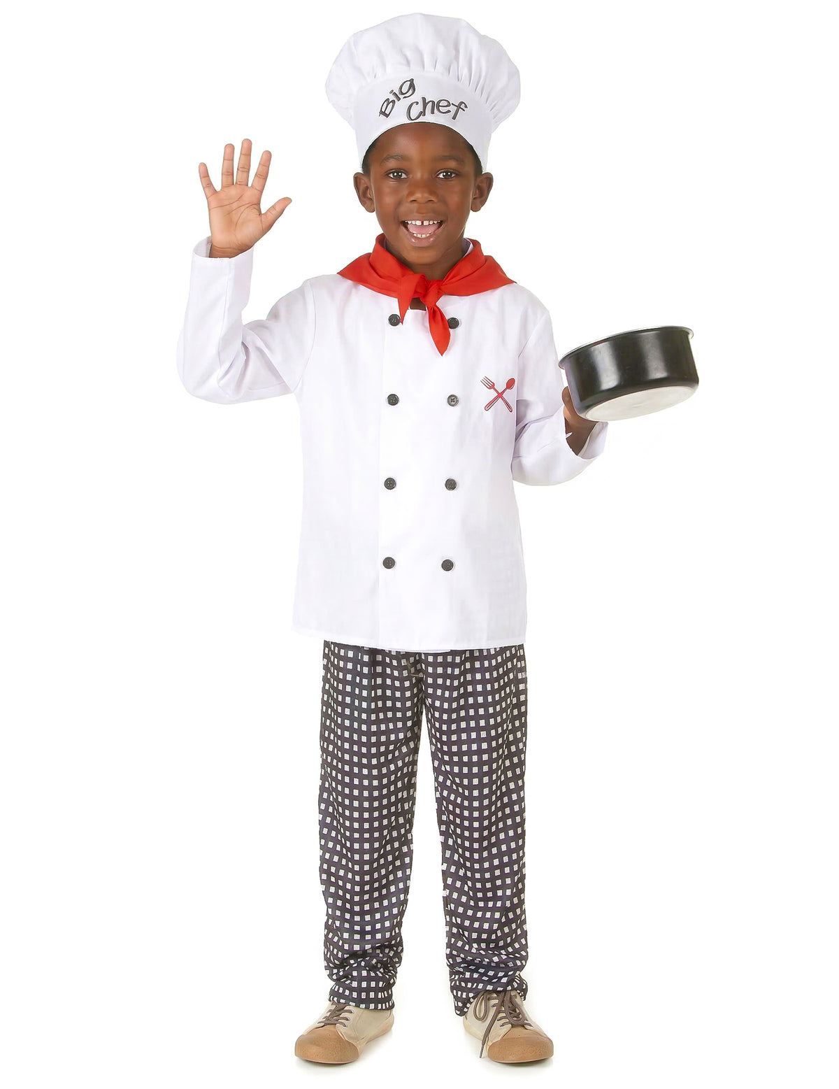 Déguisement de chef cuisinier pour garçon blanc et rouge avec toque et pantalon à carreaux