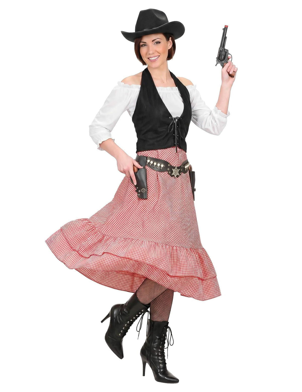 Kostim šefa Divljeg zapada za ženu s crvenom kariranom suknjom i crnim prslukom