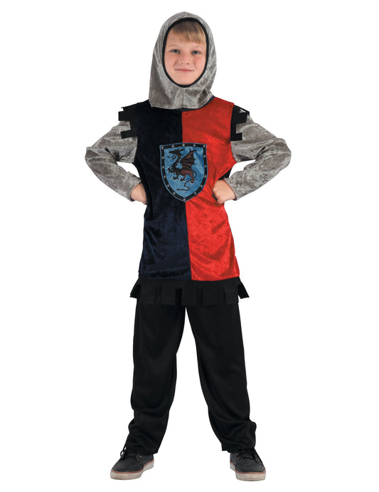 Déguisement de chevalier dragon pour garçon rouge et noir avec blason et cagoule argentée