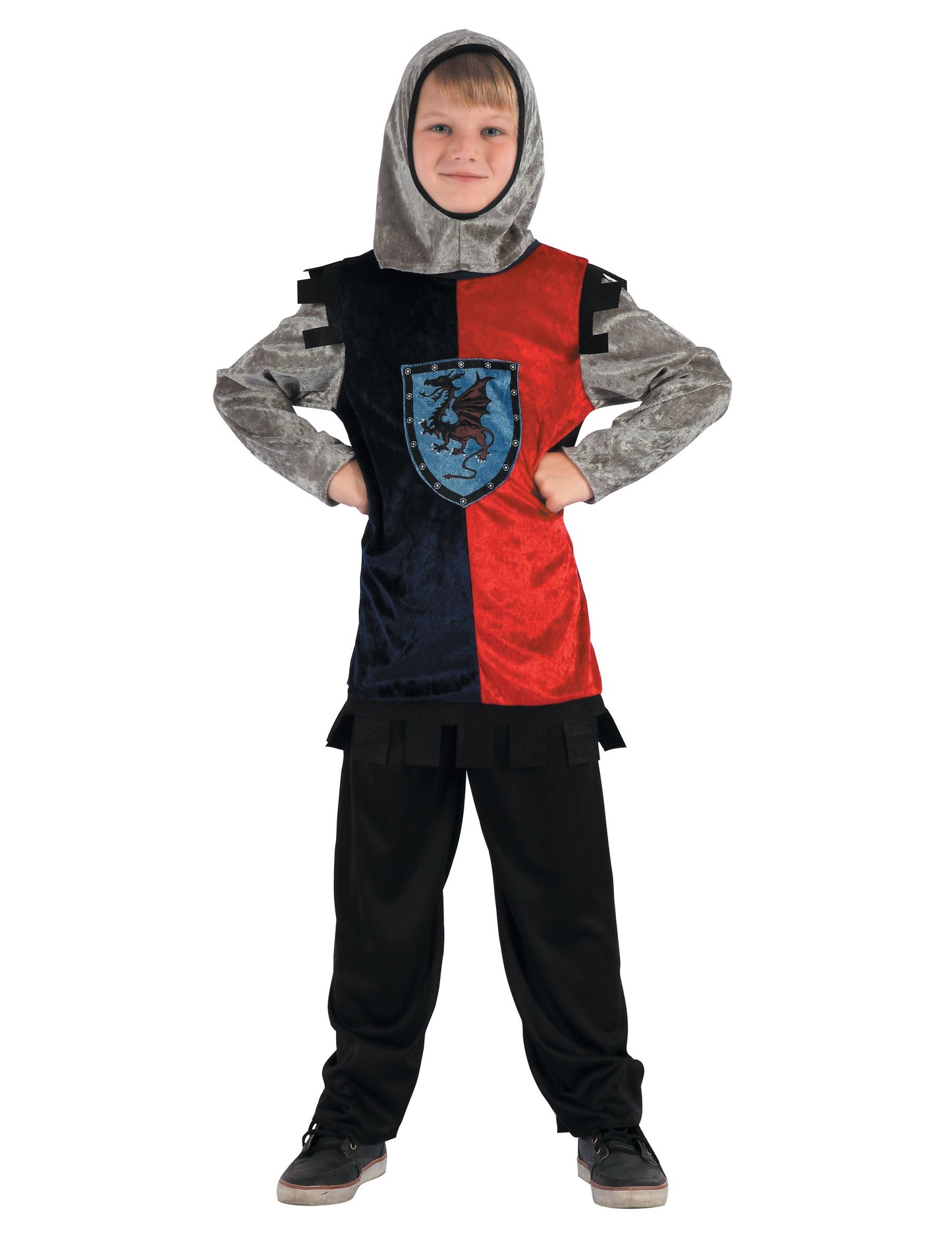 Déguisement de chevalier dragon pour garçon rouge et noir avec écusson bleu