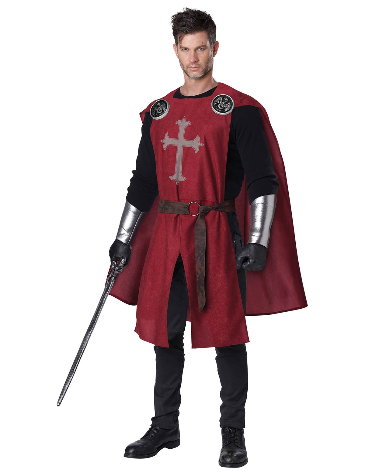Kostim crvenog luksuznog viteza za odrasli s plaštem i sivim križem