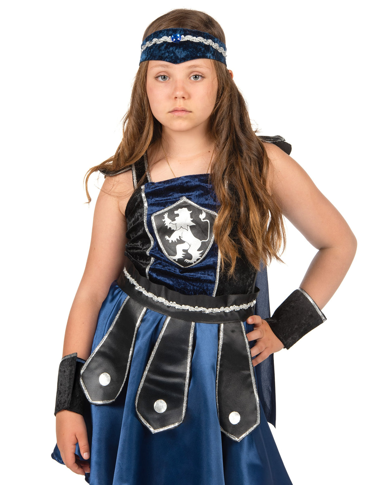 Déguisement chevalier lion royale pour fille bleu et noir avec écusson lion