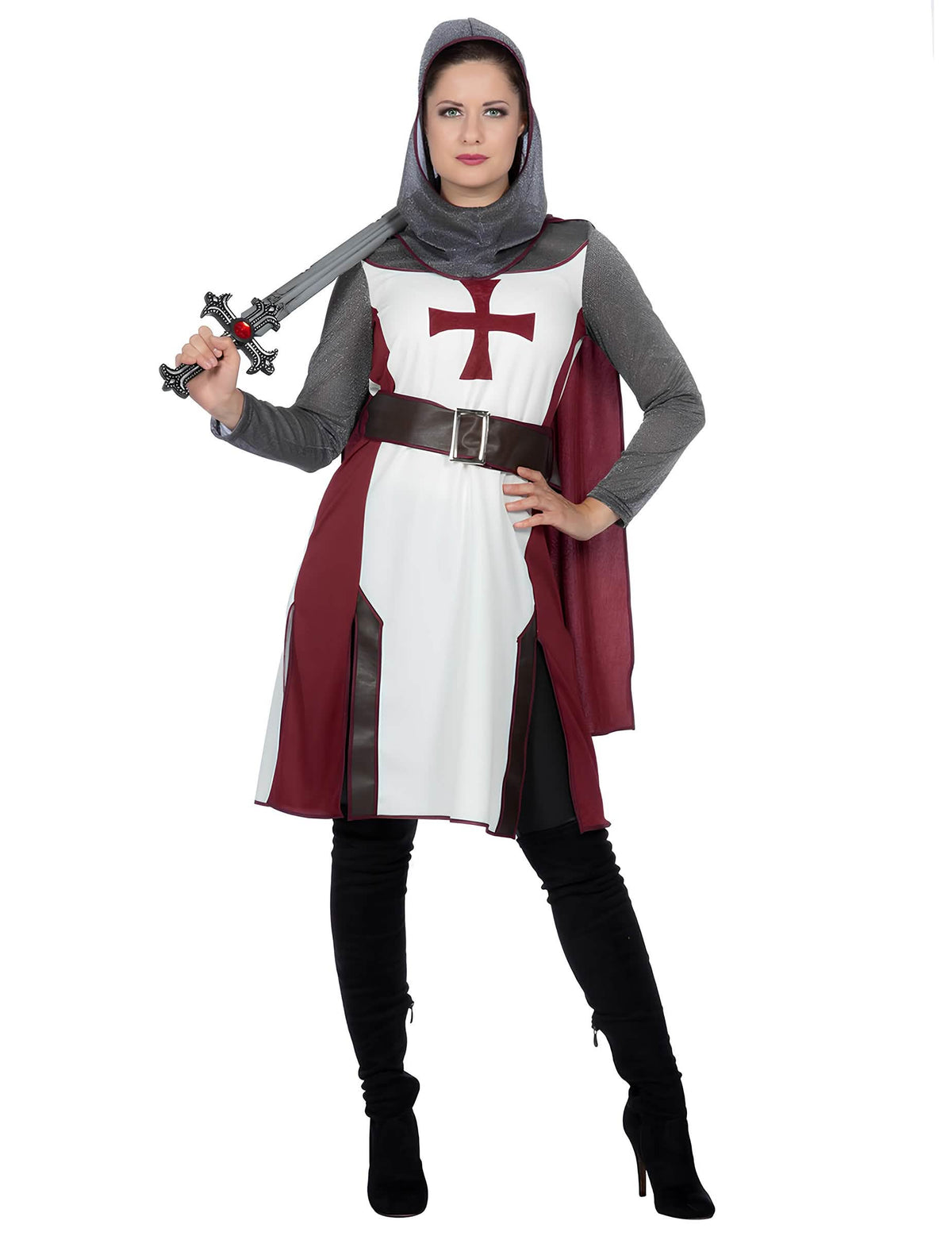 Vue de face avec épée du déguisement de chevalier templier luxe pour femme