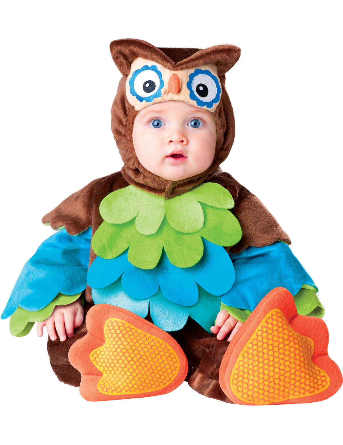 Déguisement de chouette pour bébé marron avec plumes vertes et bleues