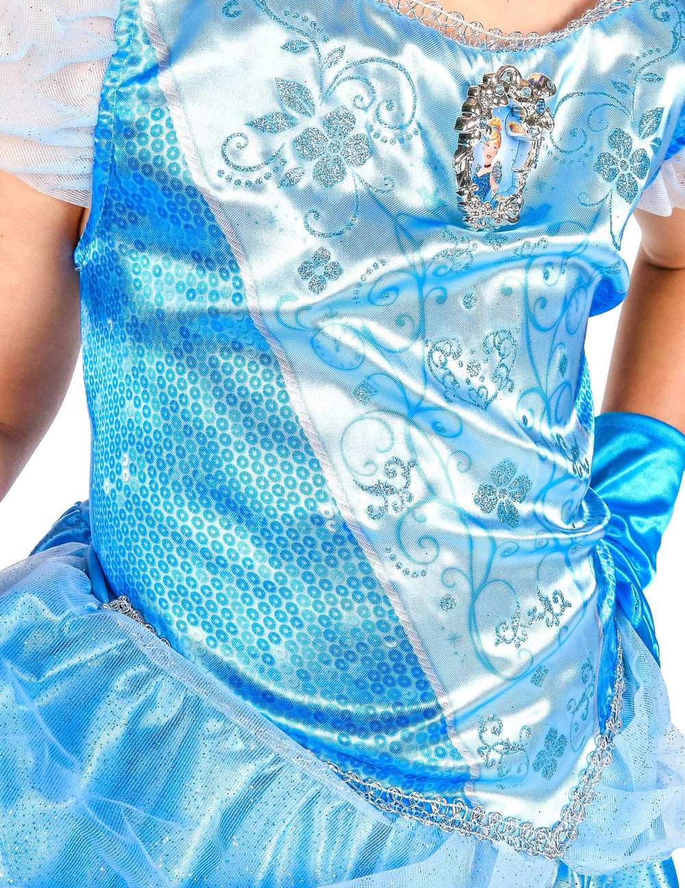 Détail du bustier à sequins et motifs du déguisement classique Cendrillon pour fille