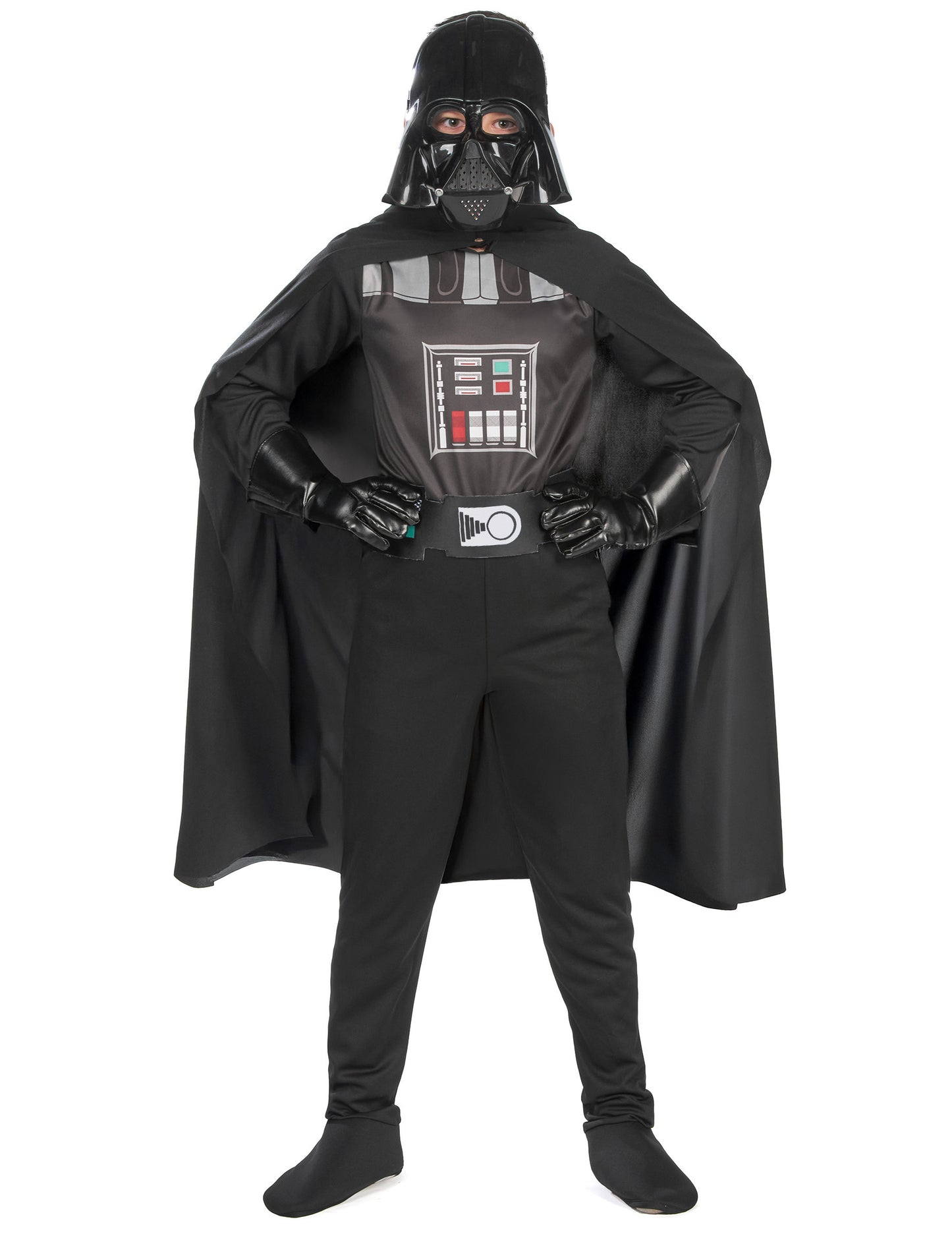 Vue de face avec mains sur les hanches du déguisement classique Dark Vador pour garçon