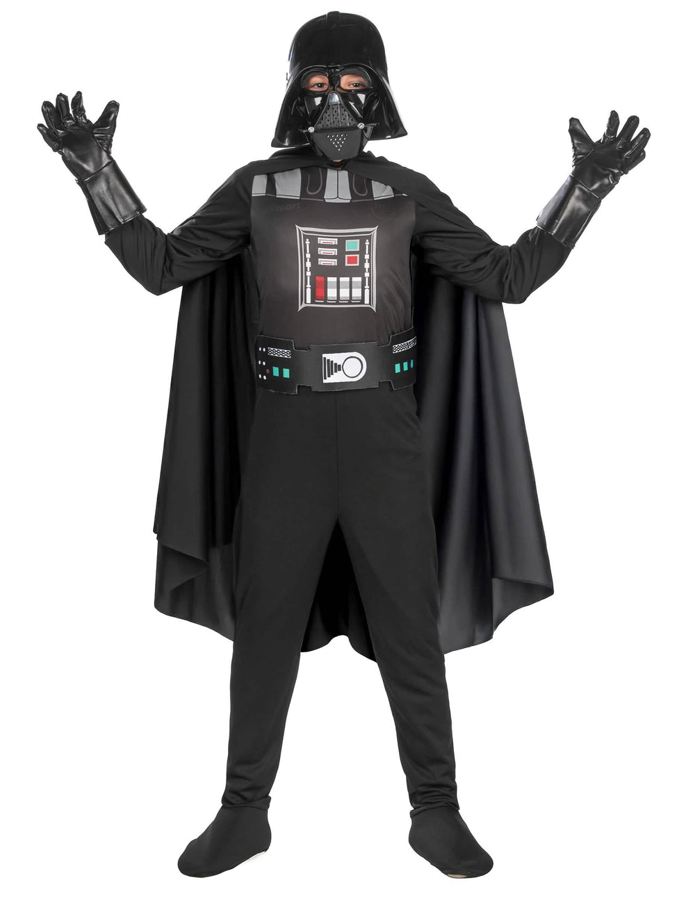 Prednji prikaz s podignutim rukama klasičnog kostima Darth Vadera za dječaka