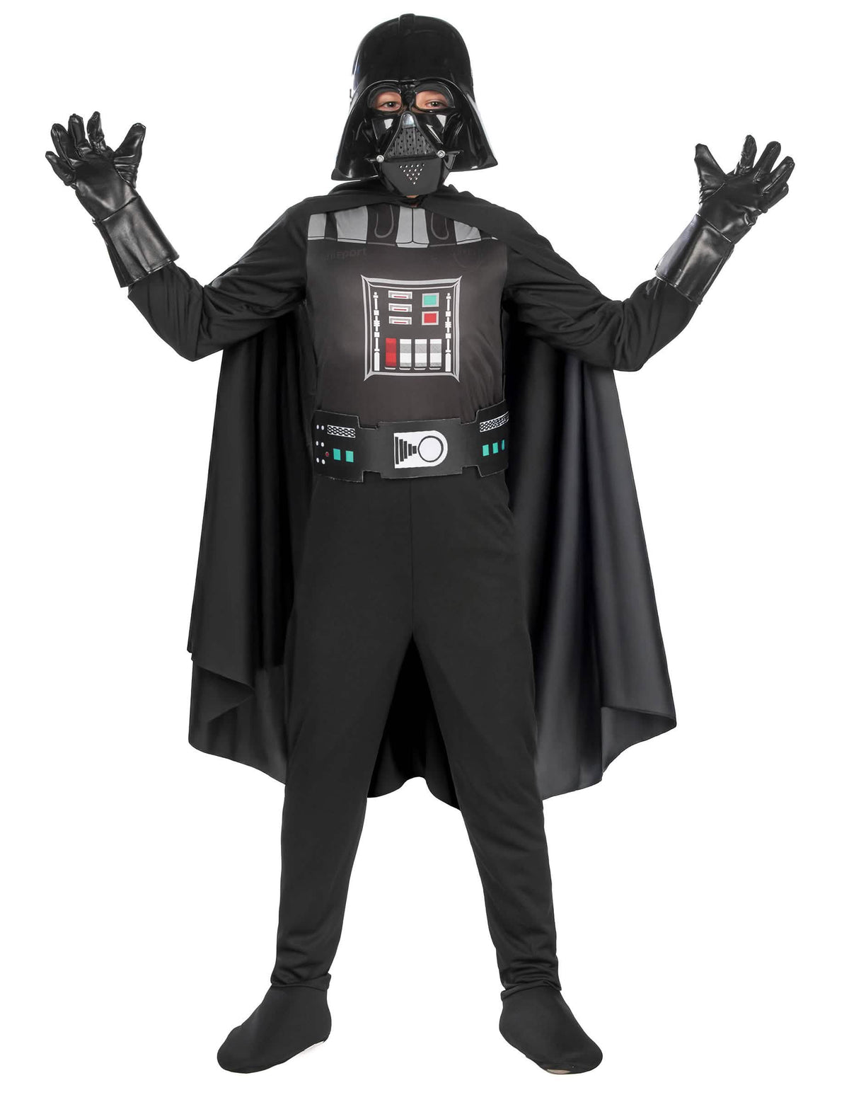 Prednji prikaz s podignutim rukama klasičnog kostima Darth Vadera za dječaka