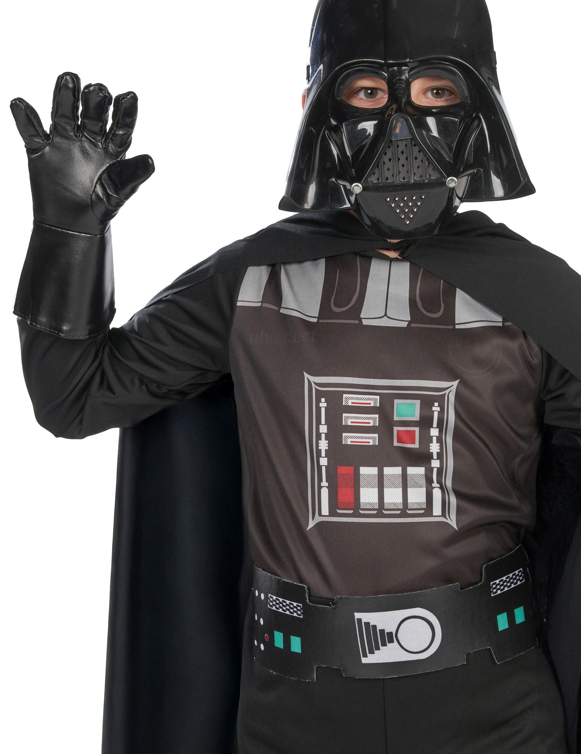 Gros plan sur le buste et le masque du déguisement classique Dark Vador pour garçon
