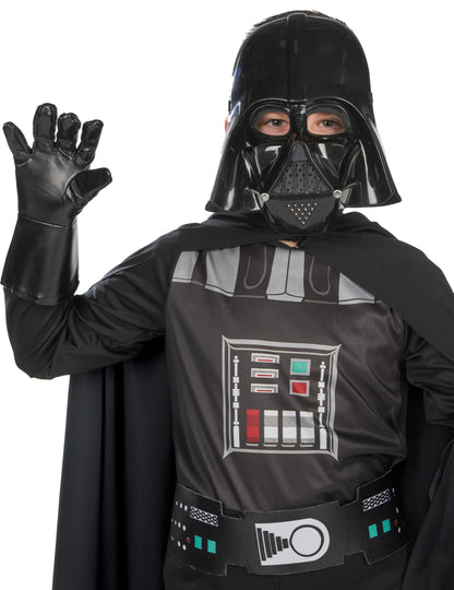 Gros plan sur le masque et le gant du déguisement classique Dark Vador pour garçon