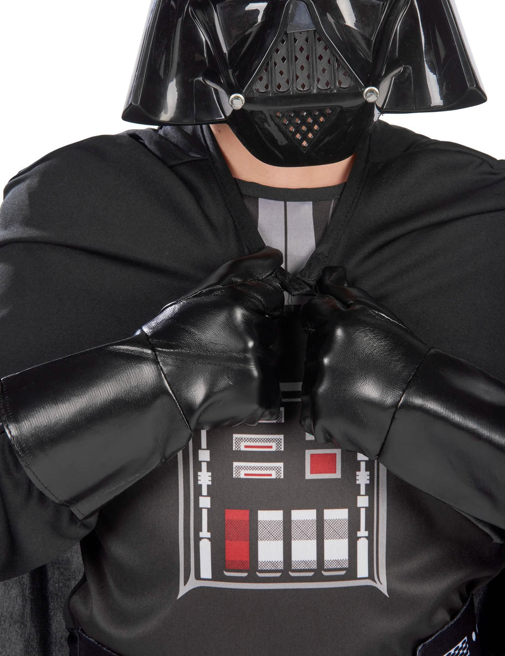 Krupni plan na torzo i rukavice klasičnog kostima Darth Vader za dječaka