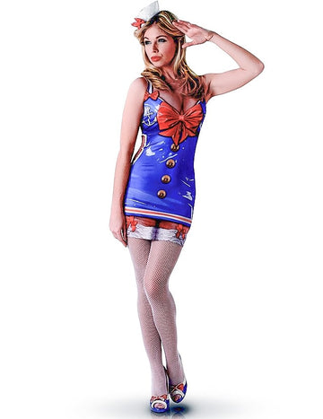 Déguisement de marin sexy pour adulte bleu avec grand nœud rouge et chapeau