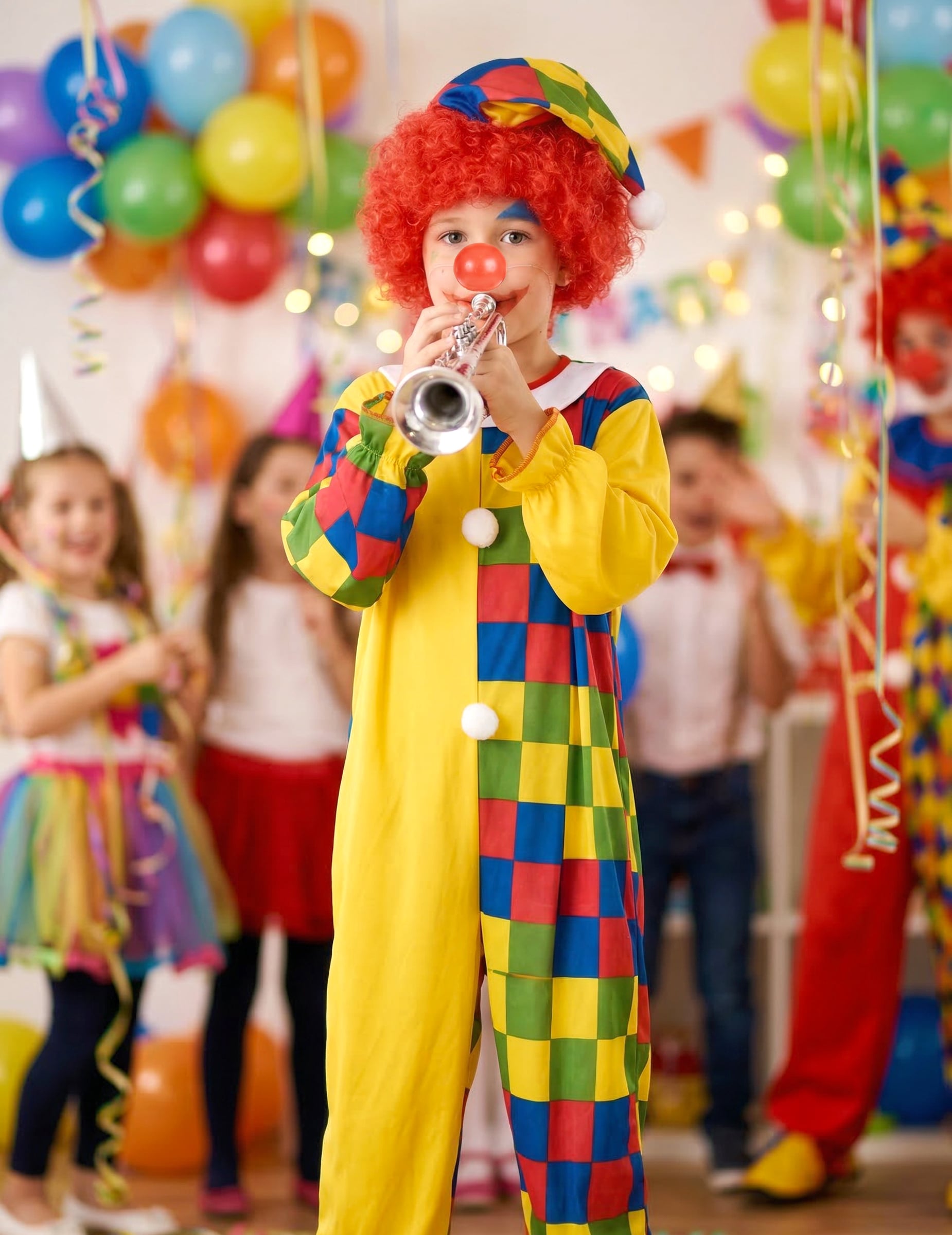 Mise en situation avec trompette du déguisement clown à carreaux pour garçon