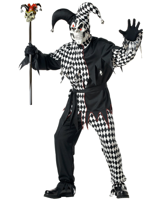 Déguisement clown Arlequin d'Halloween pour homme noir et blanc à damier avec masque de squelette