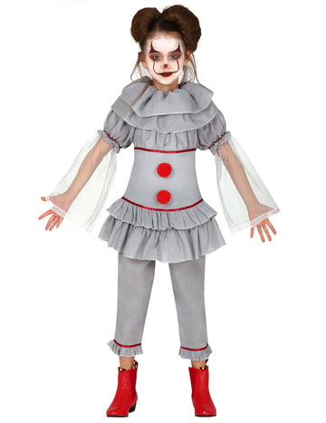 Déguisement clown assassin pour fille gris avec pompons rouges