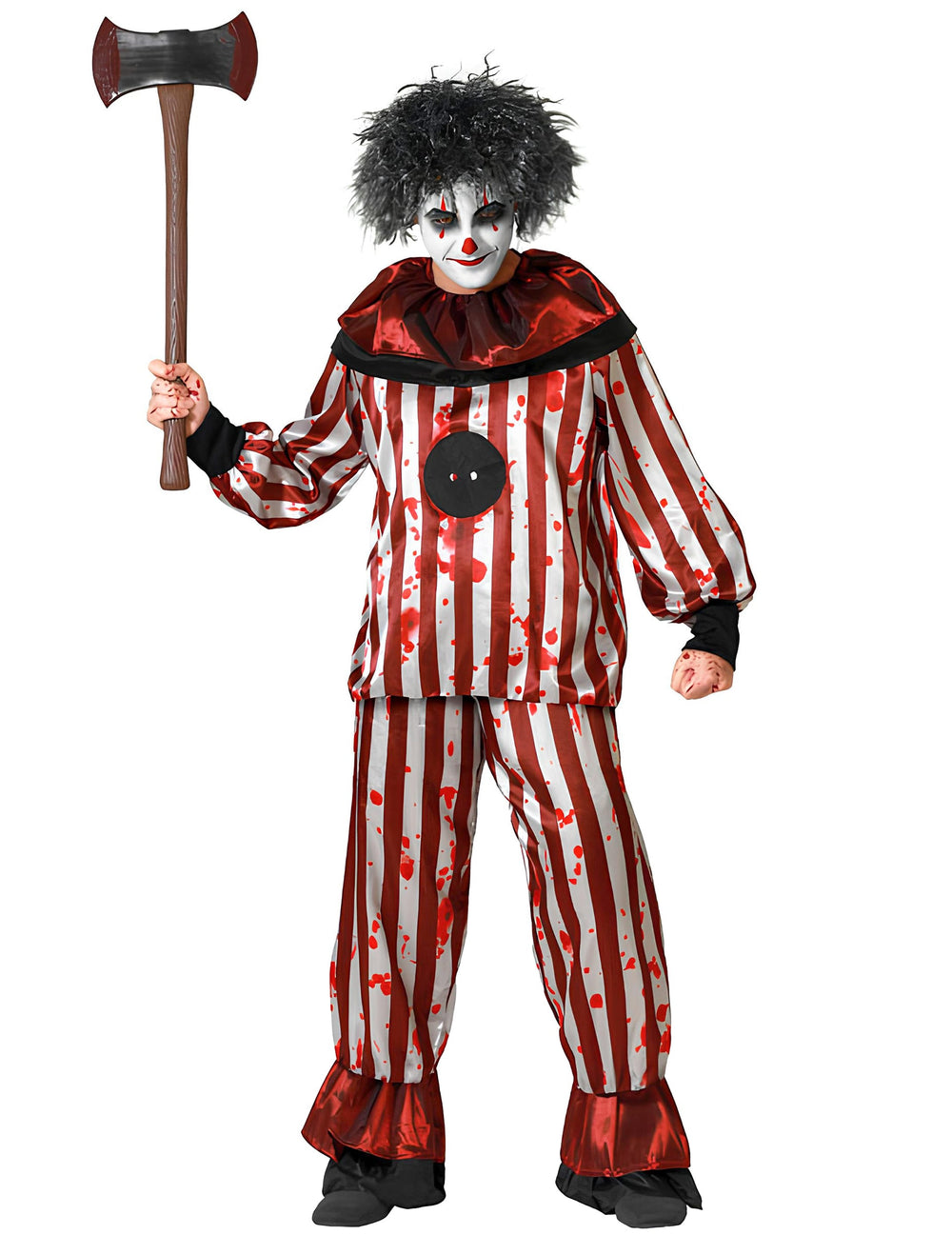Déguisement Clown Cauchemardesque pour homme rayé rouge et blanc avec taches de sang et hache