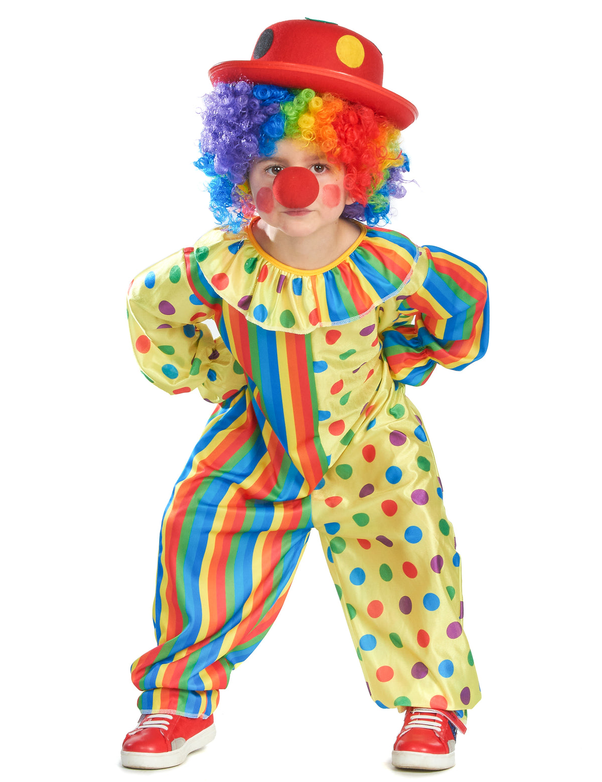Vue de face avec accessoires du déguisement de clown coloré pour enfant