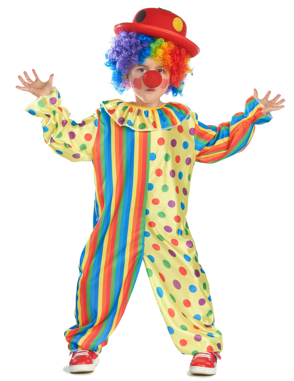 Vue de face de la combinaison du déguisement de clown coloré pour enfant