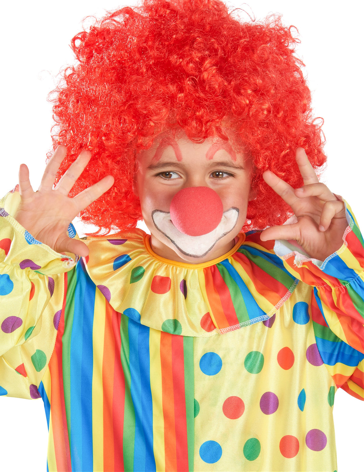 Gros plan sur le maquillage et la perruque du déguisement de clown coloré pour enfant