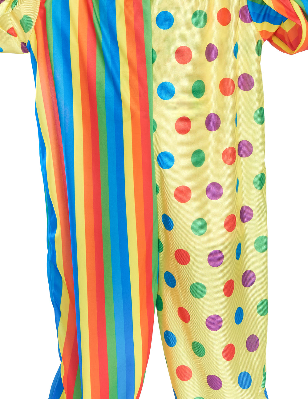 Gros plan sur les motifs à pois et rayures du déguisement de clown coloré pour enfant