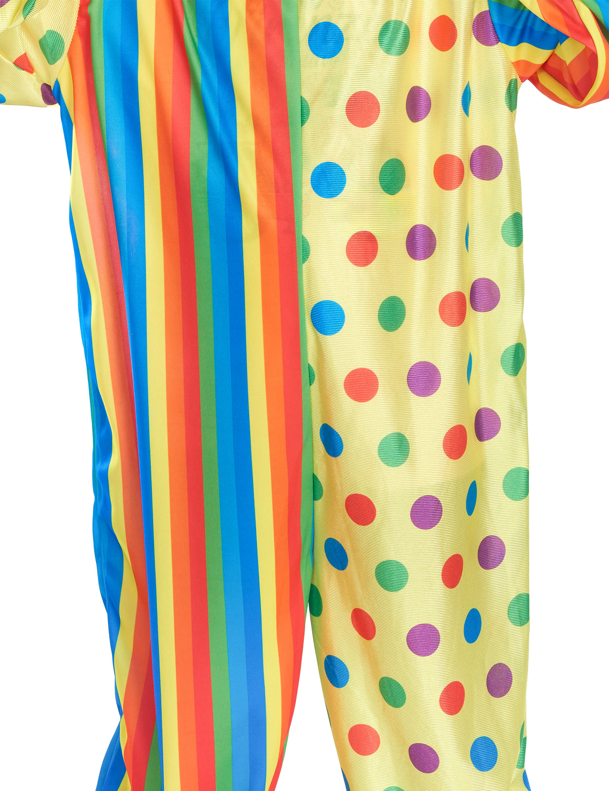 Gros plan sur les motifs à pois et rayures du déguisement de clown coloré pour enfant