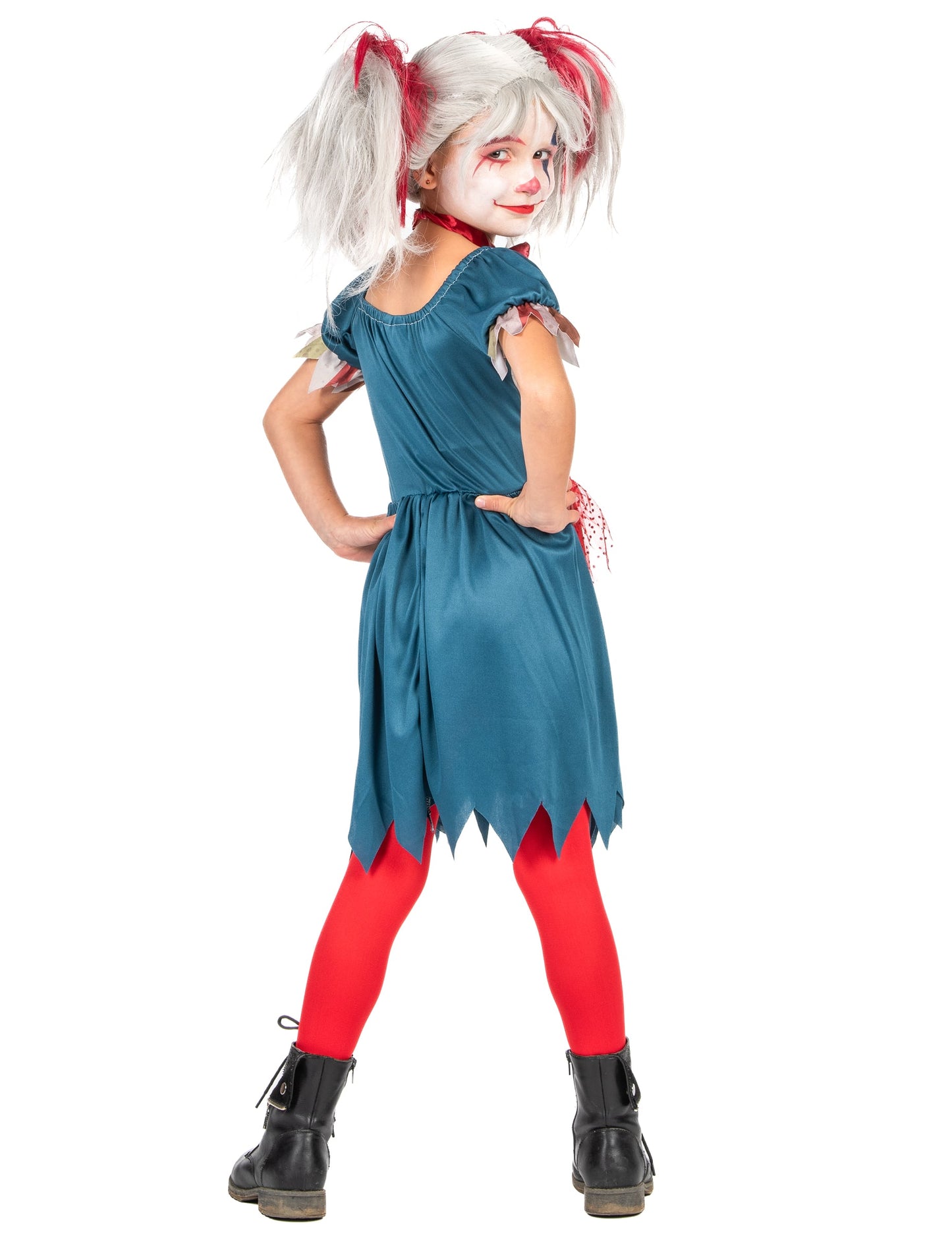 Vue de dos de trois-quarts du déguisement clown tueur coloré Halloween pour fille