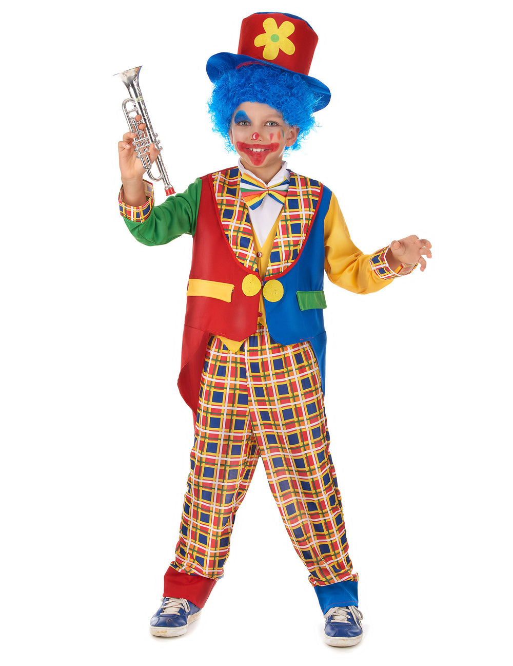 Déguisement de clown joyeux pour enfant multicolore à carreaux avec chapeau et perruque bleue