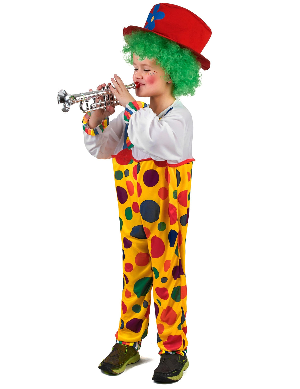 Vue de profil avec trompette du déguisement clown à pois pour enfant