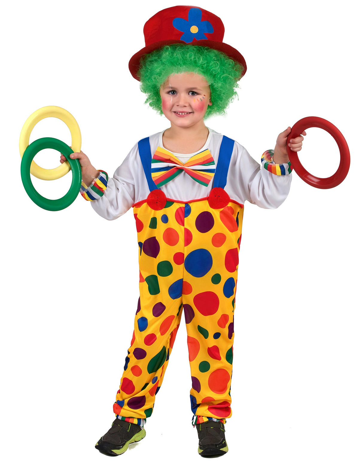 Déguisement clown à pois pour enfant jaune multicolore avec chapeau rouge et perruque verte