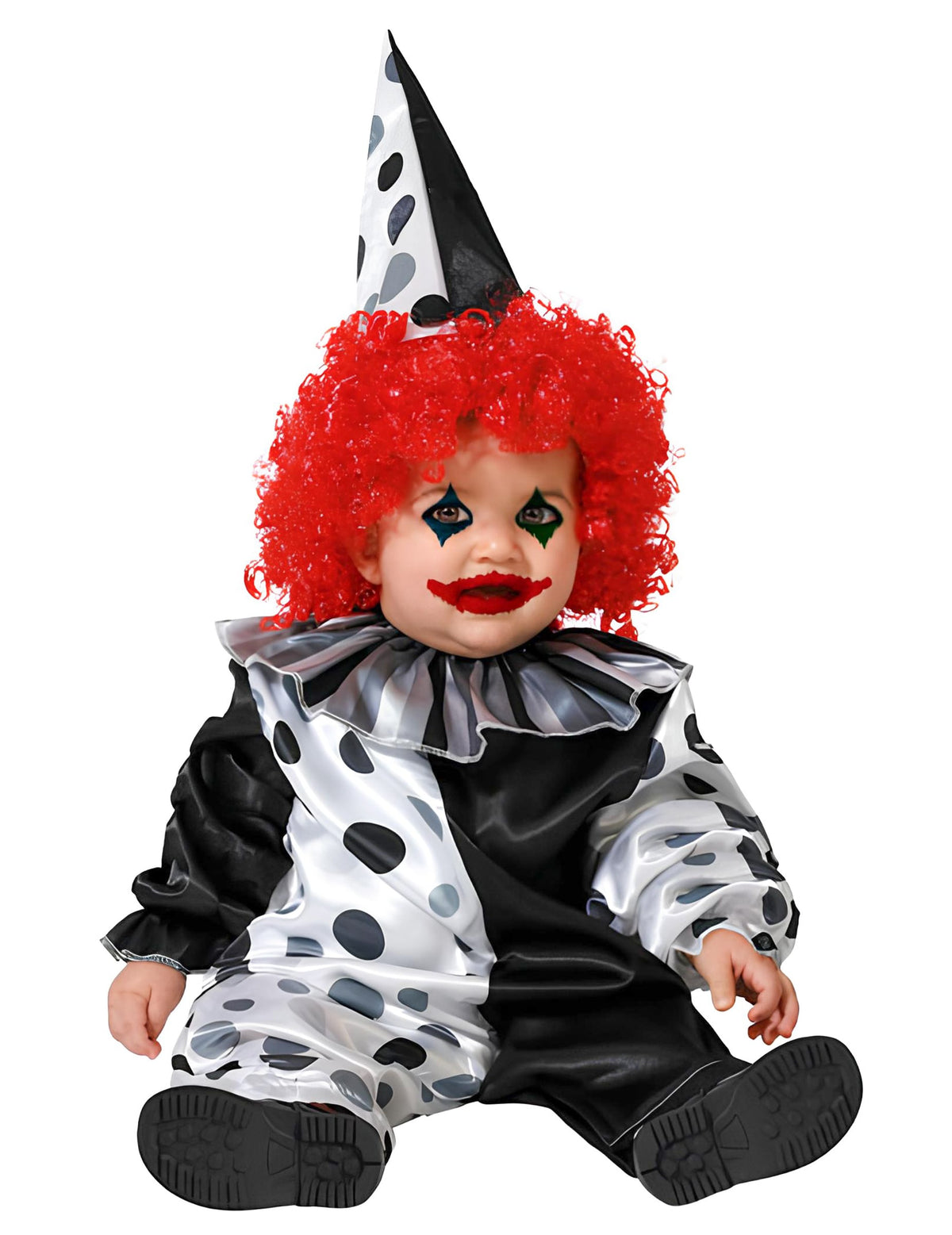 Déguisement de clown Halloween pour bébé noir et blanc à pois avec perruque rouge et chapeau