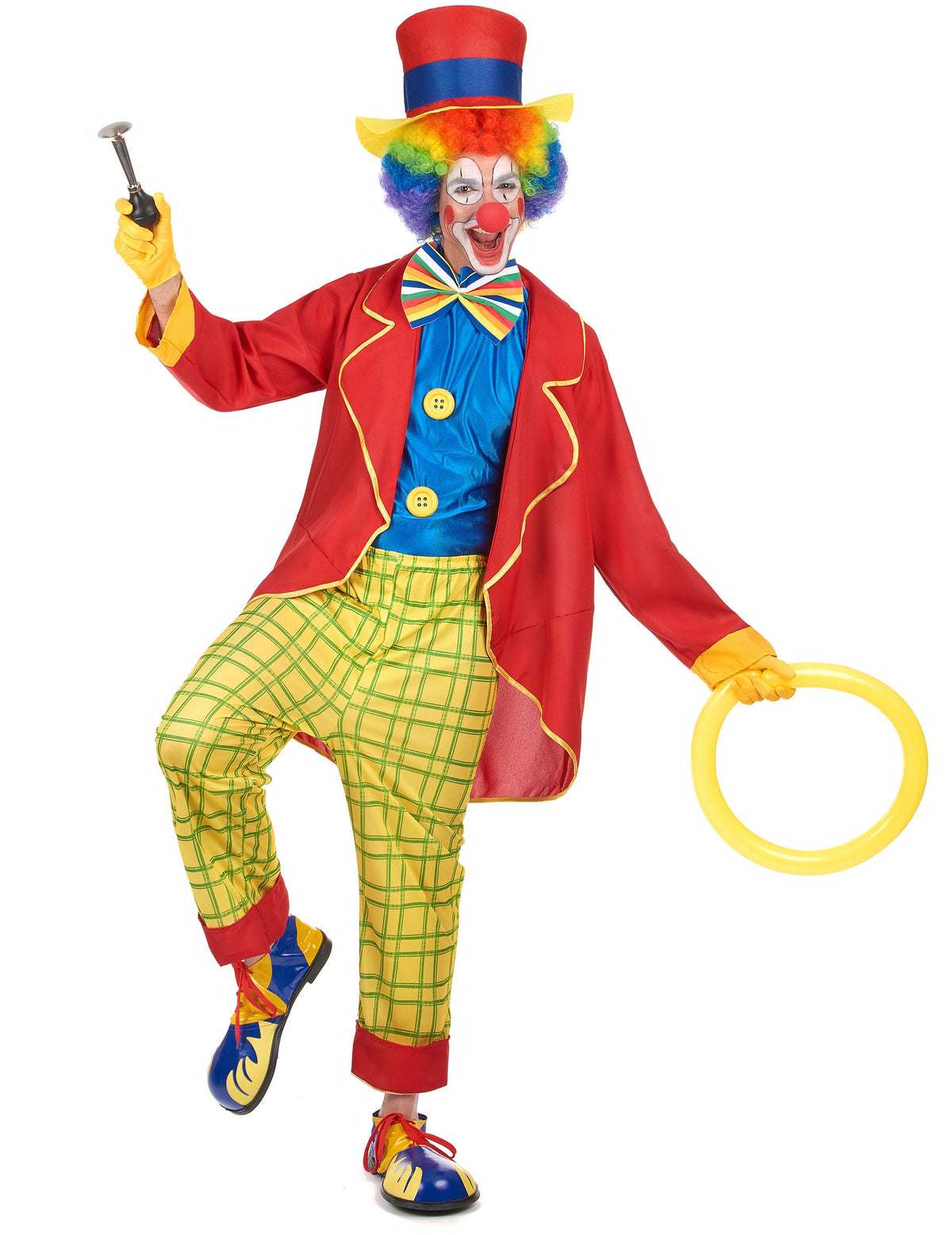 Déguisement clown amusant pour homme multicolore avec veste rouge et pantalon à carreaux