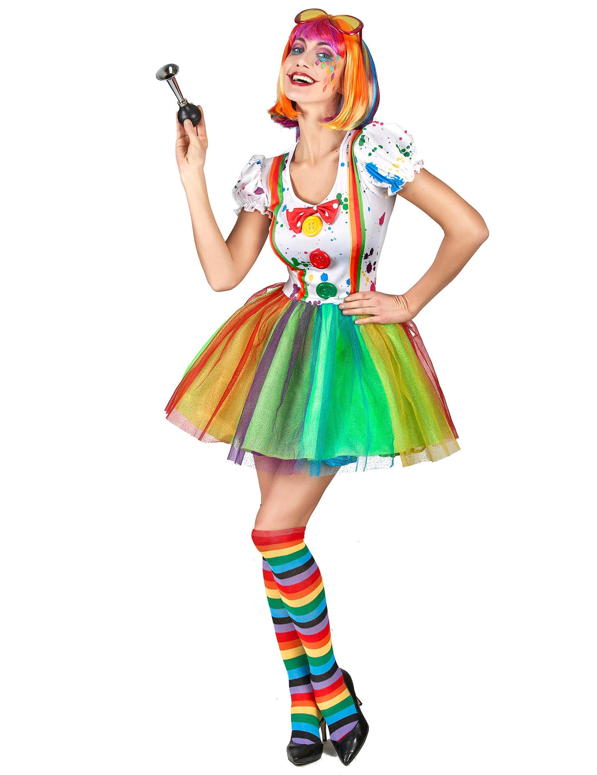 Déguisement de clown peinture pour femme multicolore avec tutu et bas rayés