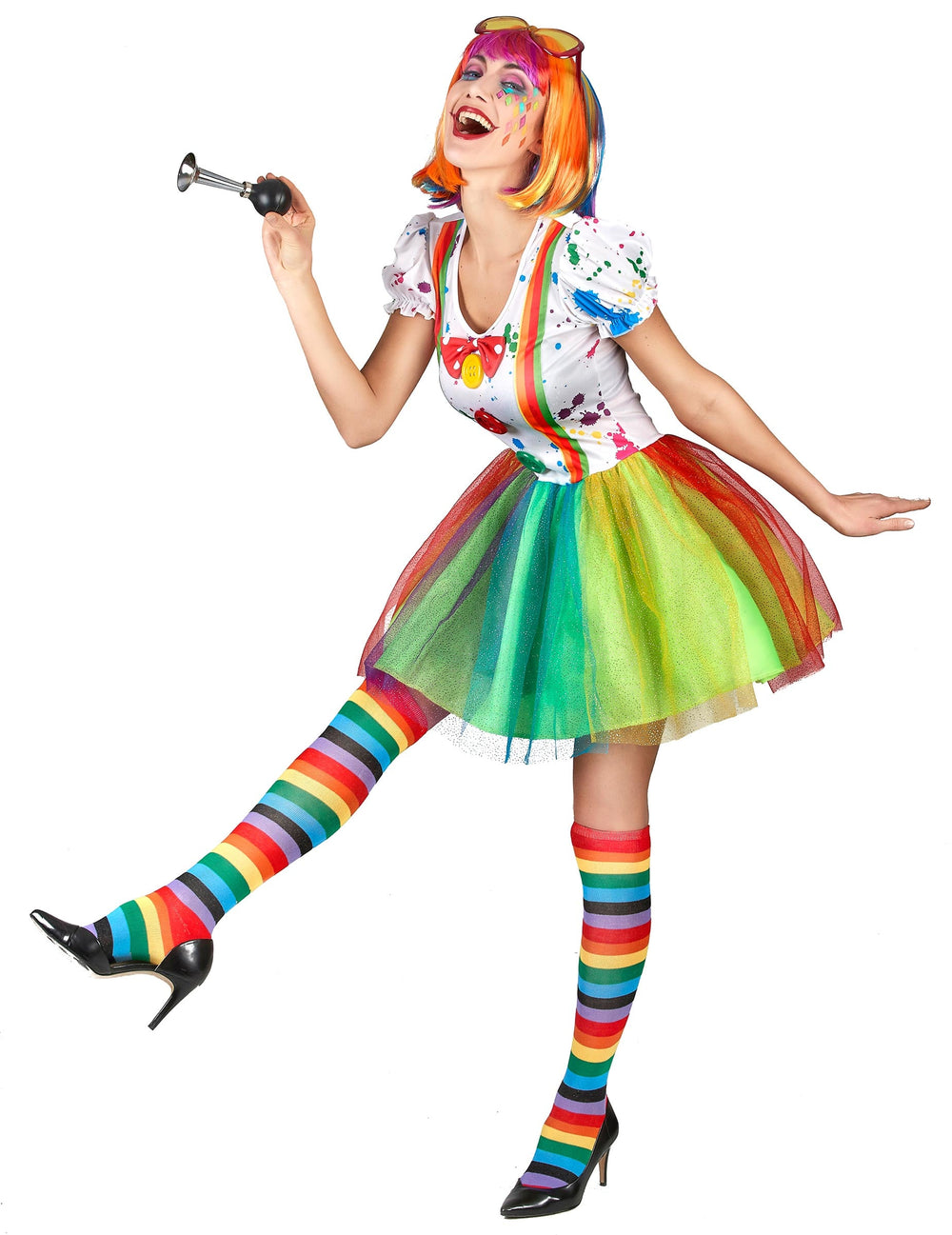 Vue de profil avec klaxon du déguisement de clown peinture