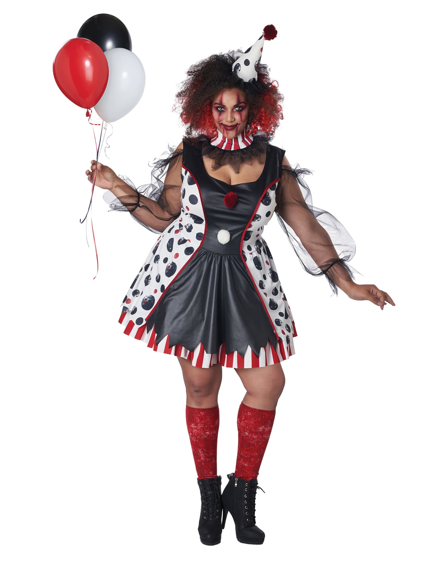 Déguisement clown psycho robe pour femme noir blanc et rouge à pois