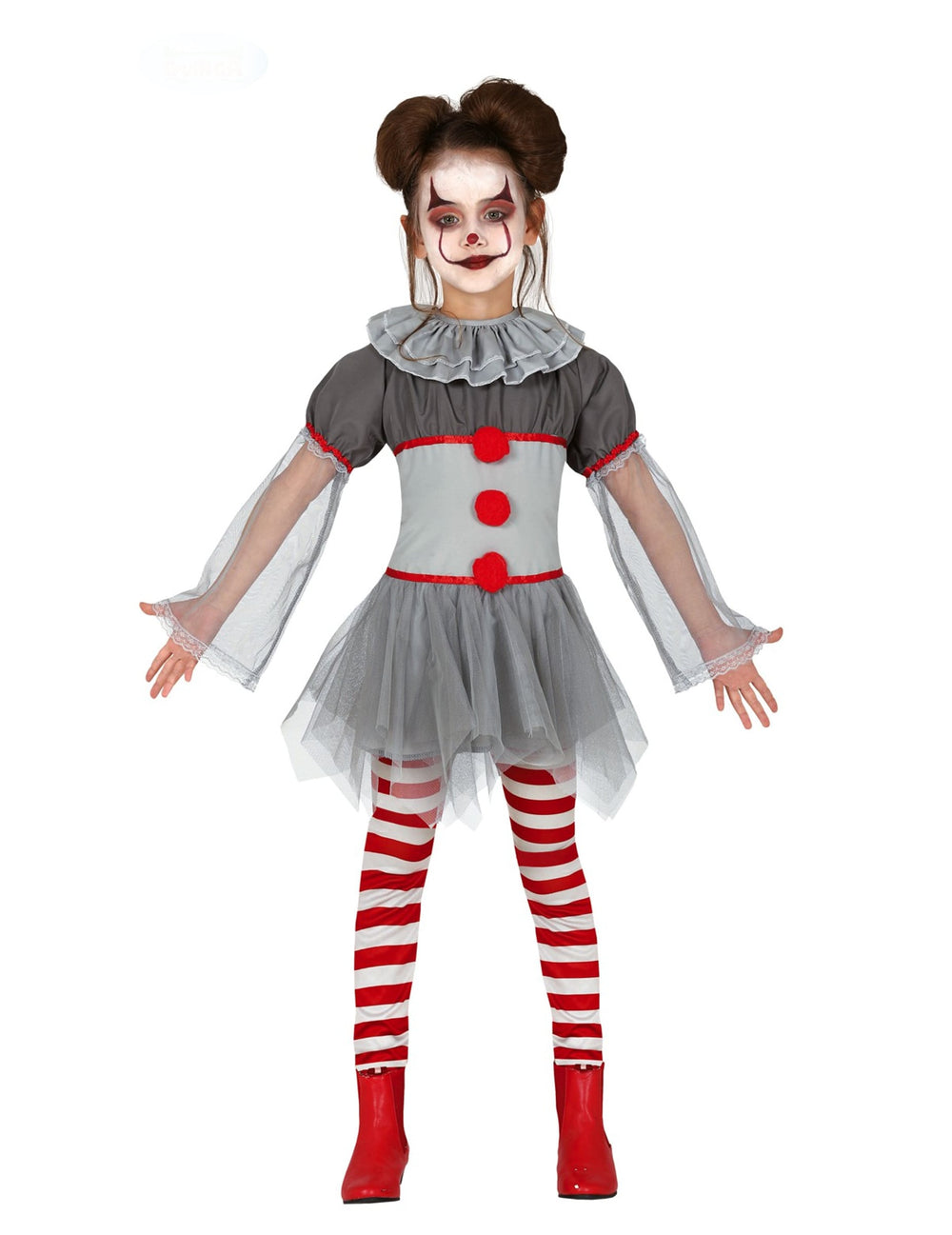 Déguisement de clown psychopathe pour fille gris et rouge avec legging rayé