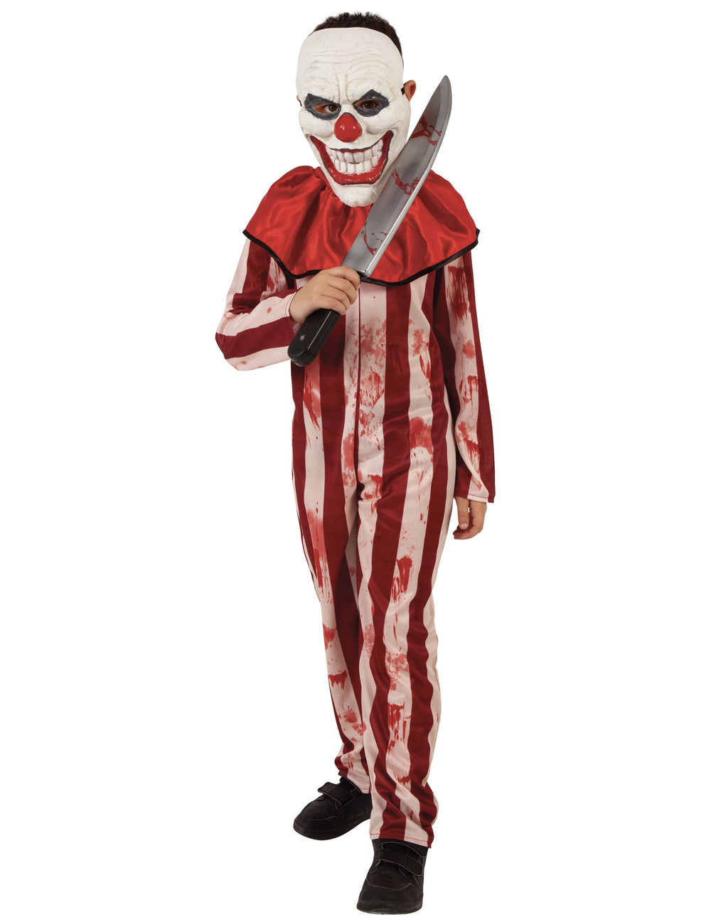 Déguisement de clown rayé pour adolescent rouge et blanc ensanglanté avec masque