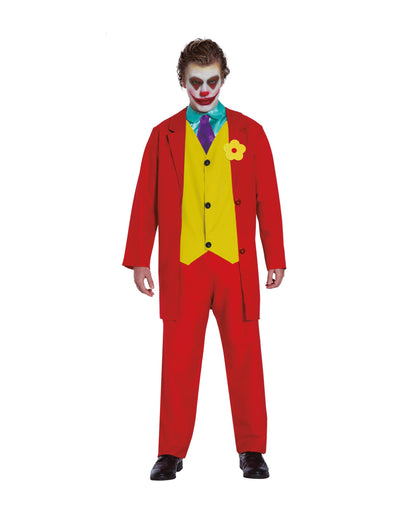 Déguisement de clown rouge fou pour adulte rouge avec gilet jaune et fleur