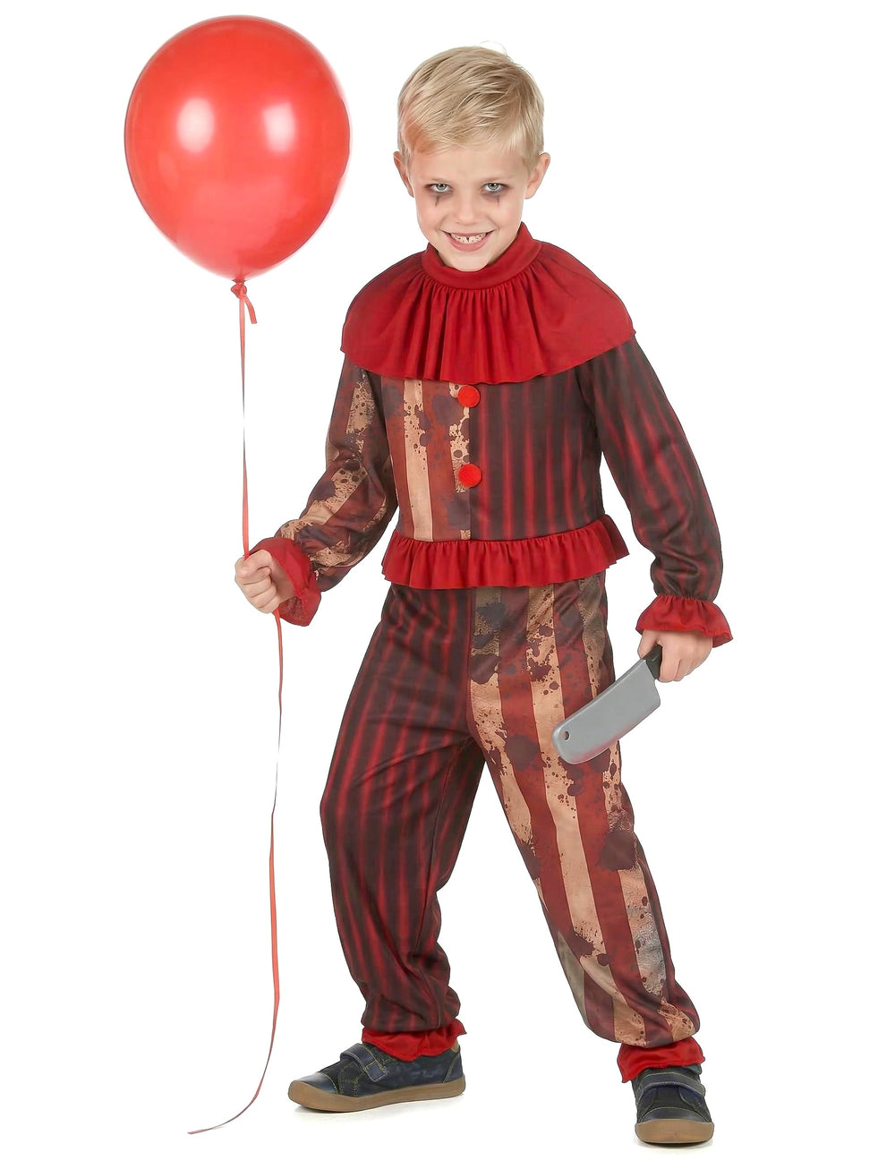 Déguisement clown terrifiant pour garçon rouge à rayures avec taches de sang