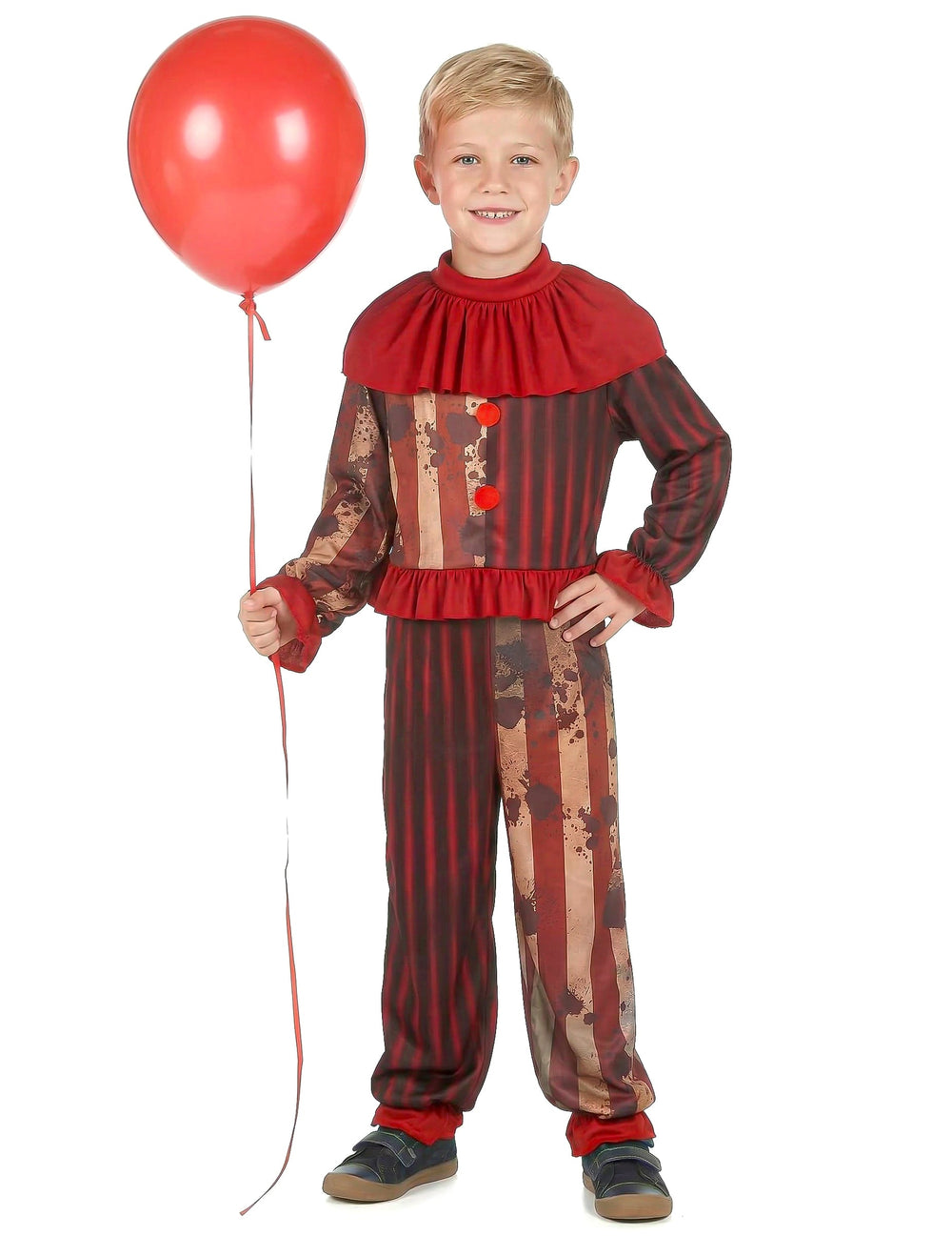 Ballon rouge tenu avec le déguisement clown terrifiant pour garçon