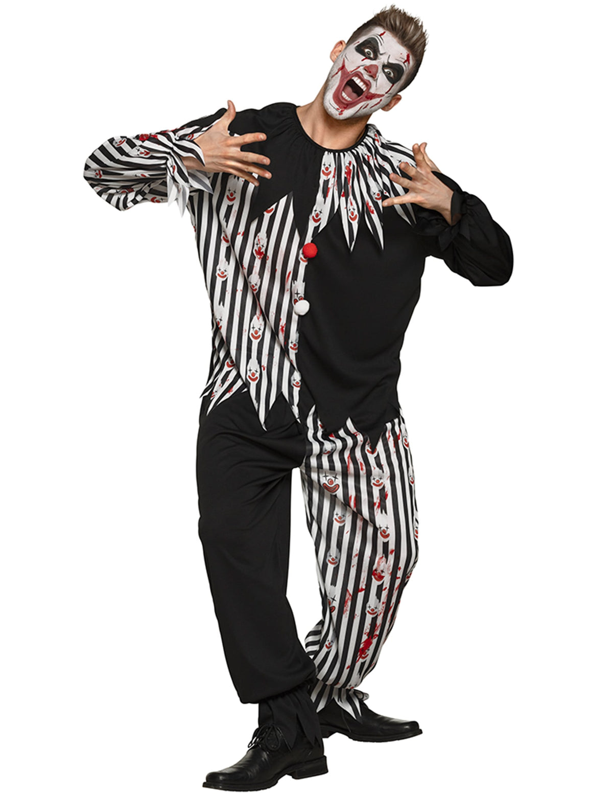 Déguisement clown triste ensanglanté pour adulte noir et blanc à rayures avec motifs sanglants