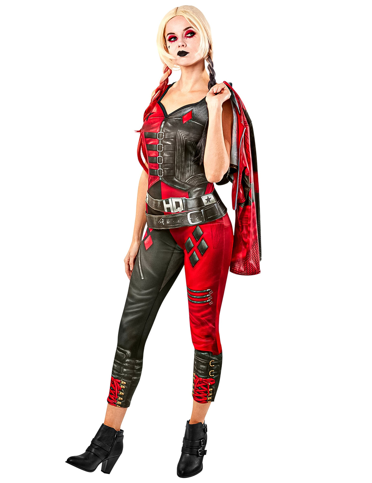 Vue de trois-quarts avec veste du déguisement combinaison Harley Quinn Suicide Squad 2