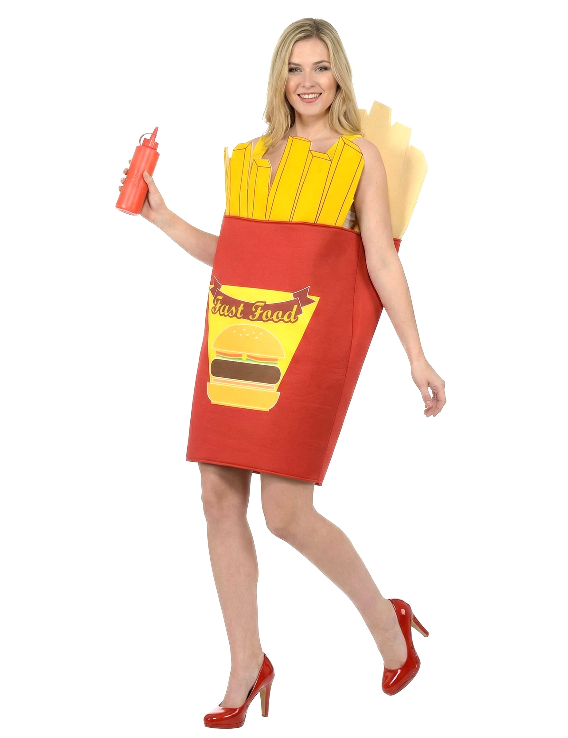 Déguisement de cornet de frites pour adulte rouge et jaune avec imprimé burger