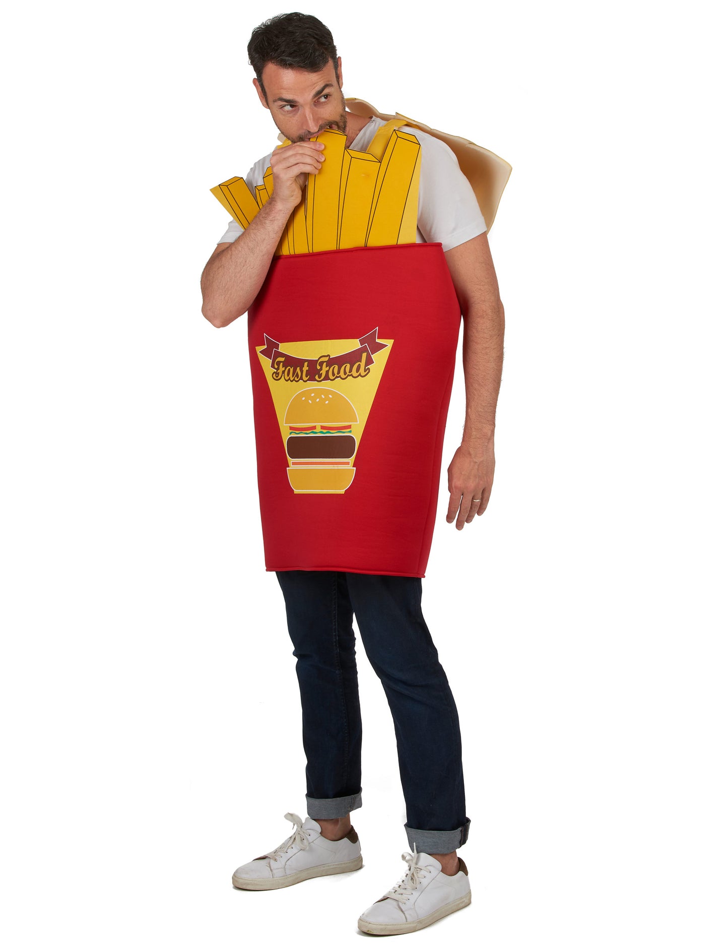 Vue de trois-quarts du déguisement cornet de frites adulte