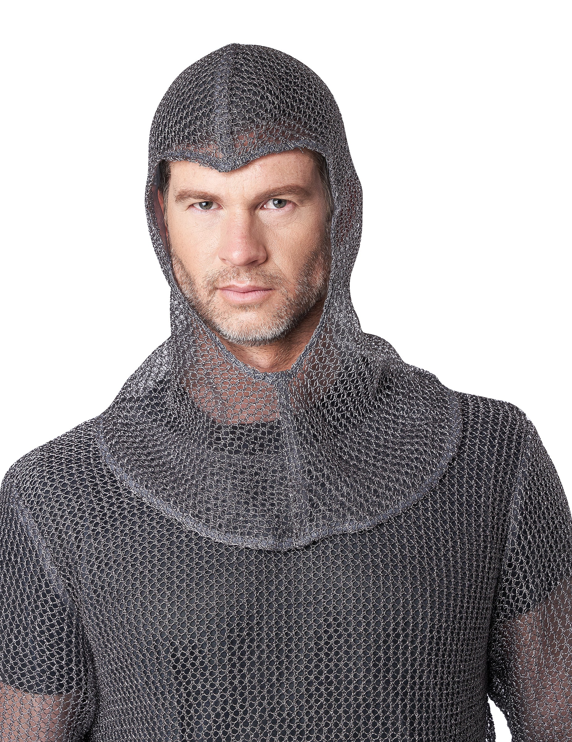 Gros plan sur la cagoule du déguisement côte de maille chevalier luxe