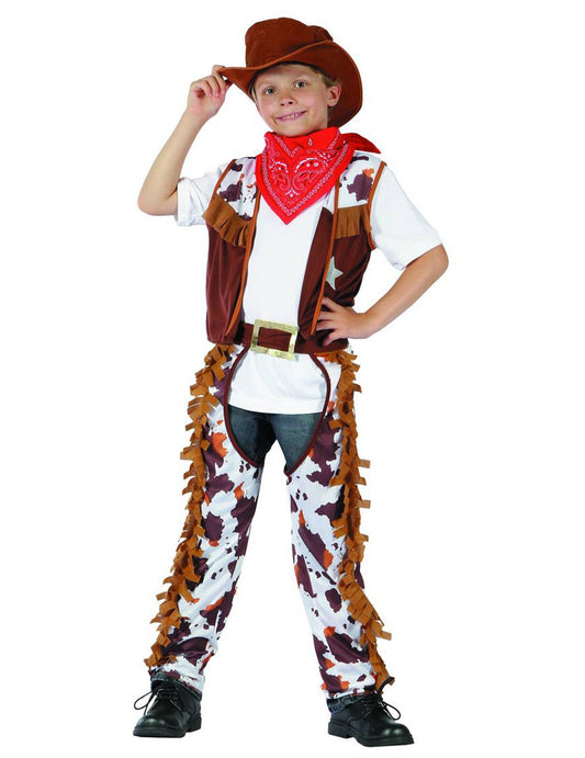 Déguisement cowboy shériff pour garçon marron et blanc avec motif vache