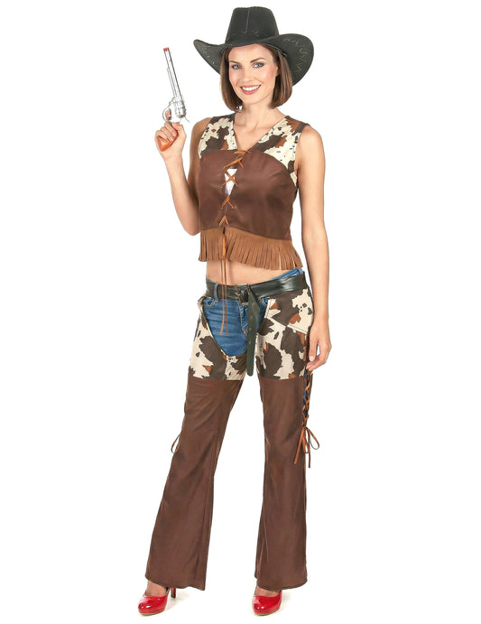 Déguisement cowgirl pantalon pour femme marron à motif vache avec chapeau noir