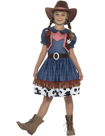 Déguisement cowgirl texane pour fille bleu et rouge avec chapeau et imprimé vache