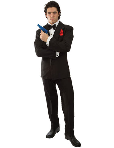 Déguisement d'espion Anglais pour homme noir avec pistolet bleu et pochette rouge