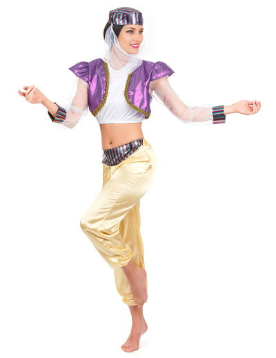 Déguisement de danseuse orientale pour femme coloré violet et jaune