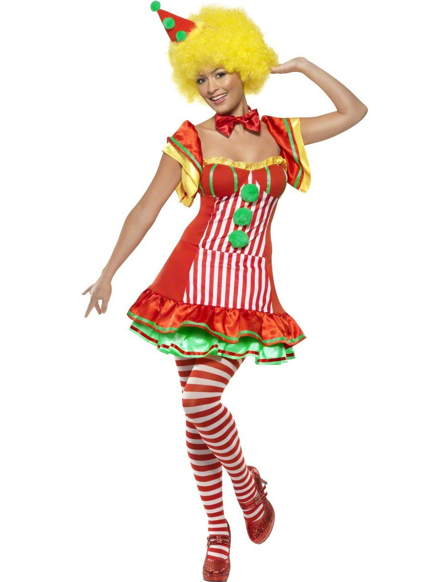 Déguisement de clown joyeux pour femme rouge et blanc avec perruque jaune et pompons verts